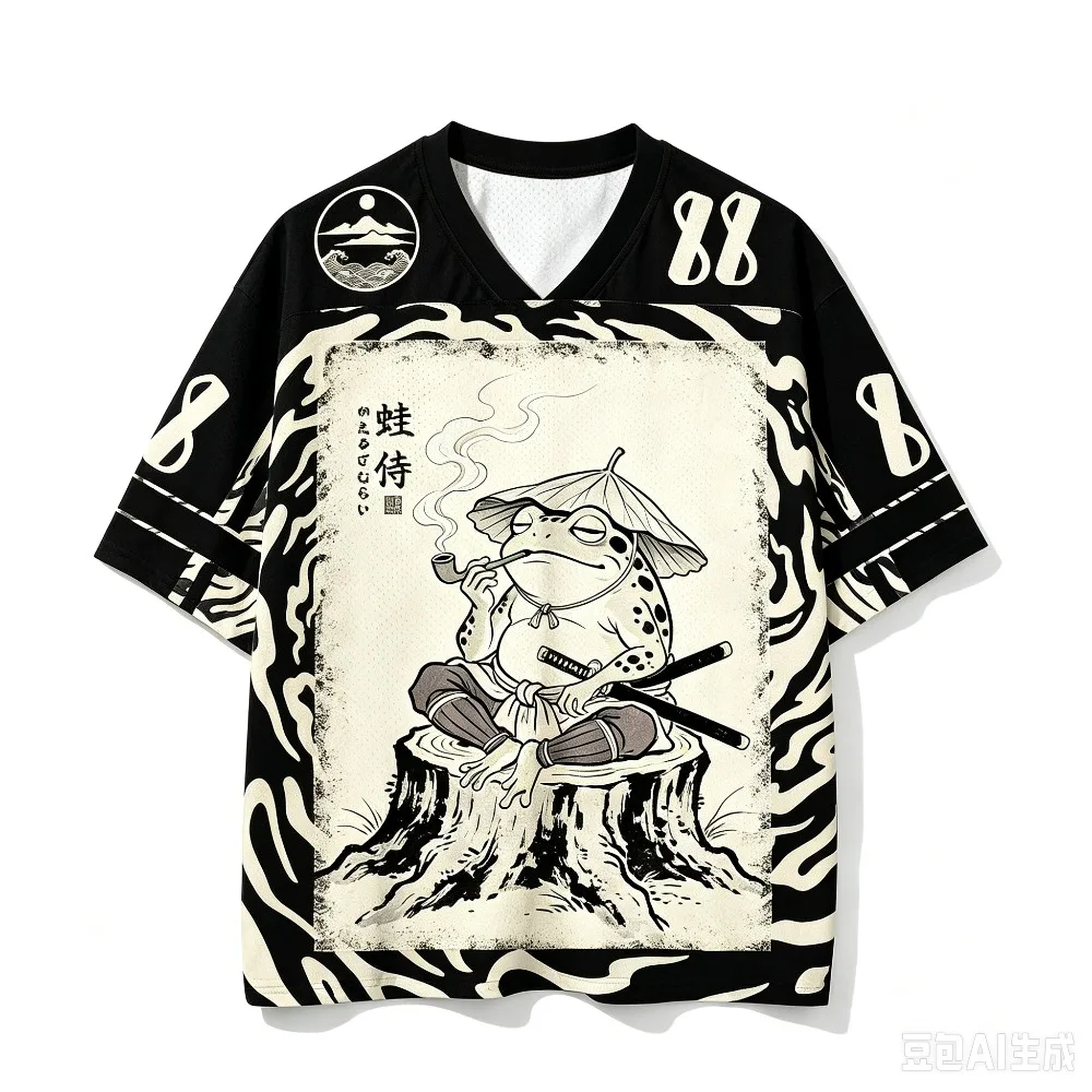 Retro-T-Shirt im japanischen Ukiyo-e-Stil mit Krieger-Frosch-Muster, 3D-gedruckt, feuchtigkeitsableitend, V-Ausschnitt, locker geschnitten, lässig, für Erwachsene und Kinder, Streetwear. – Detail 4