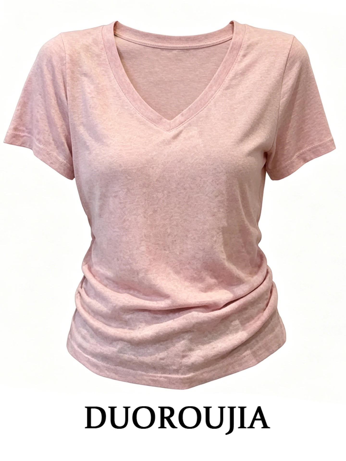 

Slim Fit Korean Style V-Neck Color Short Sleeve T-Shirt Women's Summer plus Size Casual Top Trendy Pink High Waist Printed