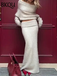 BKQU Knitted Skirt Two Pieces Set Women Sexy One-Shoulder Long Sleeve Sweater Pullover Elegant Long Skirt Suit Autumn Party Wear