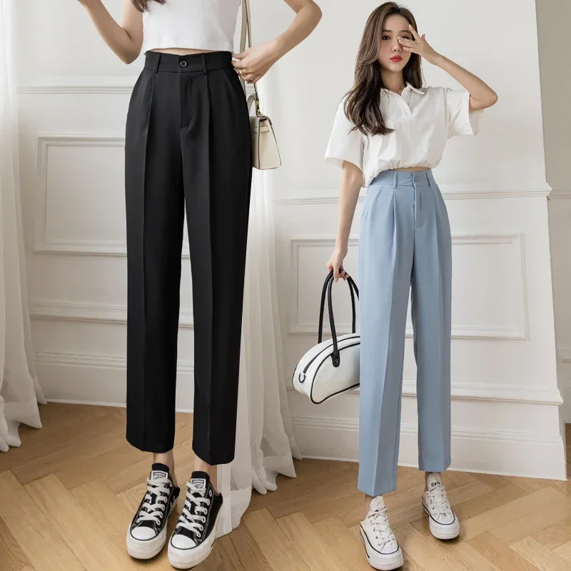 Casual Women Suit Pants Summer Fashion High Waist Black Harem Business Pants Female Korean Style Pocket Thin Nine Point Trousers