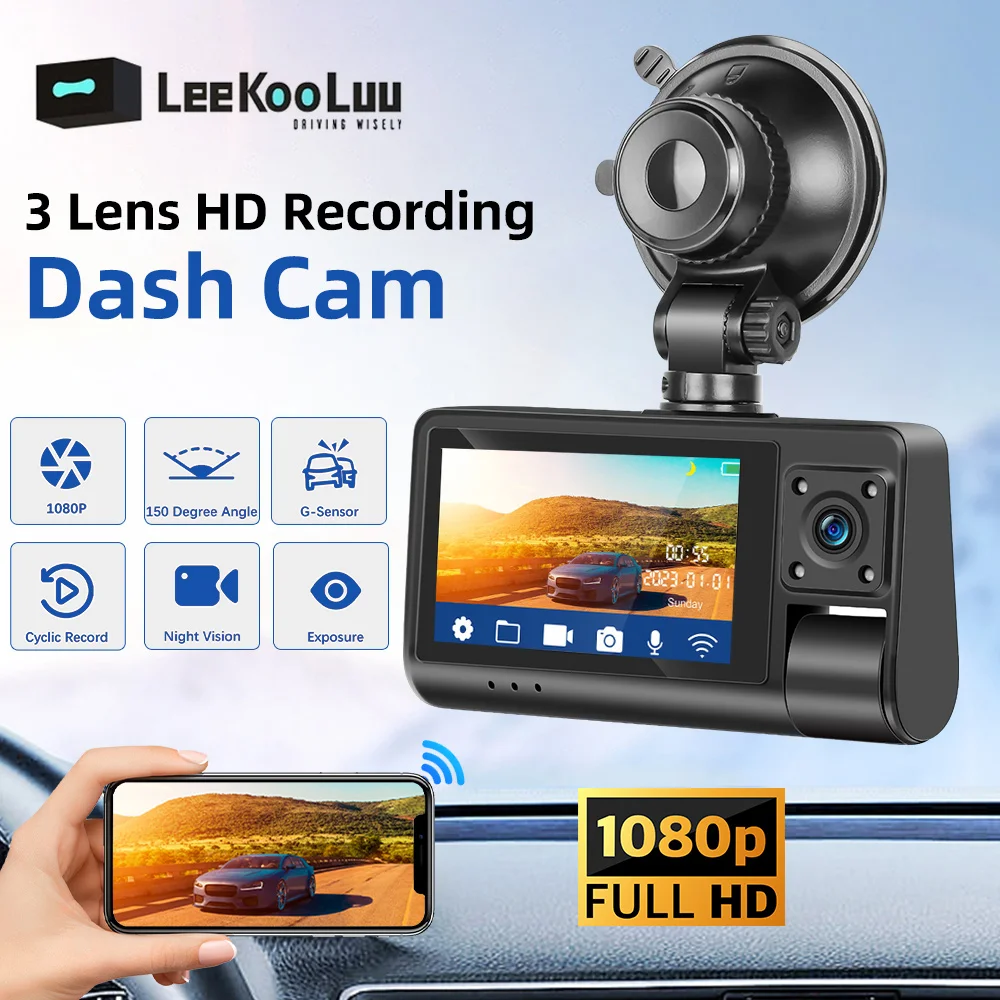 LeeKooLuu 1080P Full HD Dash Cam in Car DVR Camera Video Recorder Night Vision Rear View 3 Lens HD Cycle Recording Video Monitor