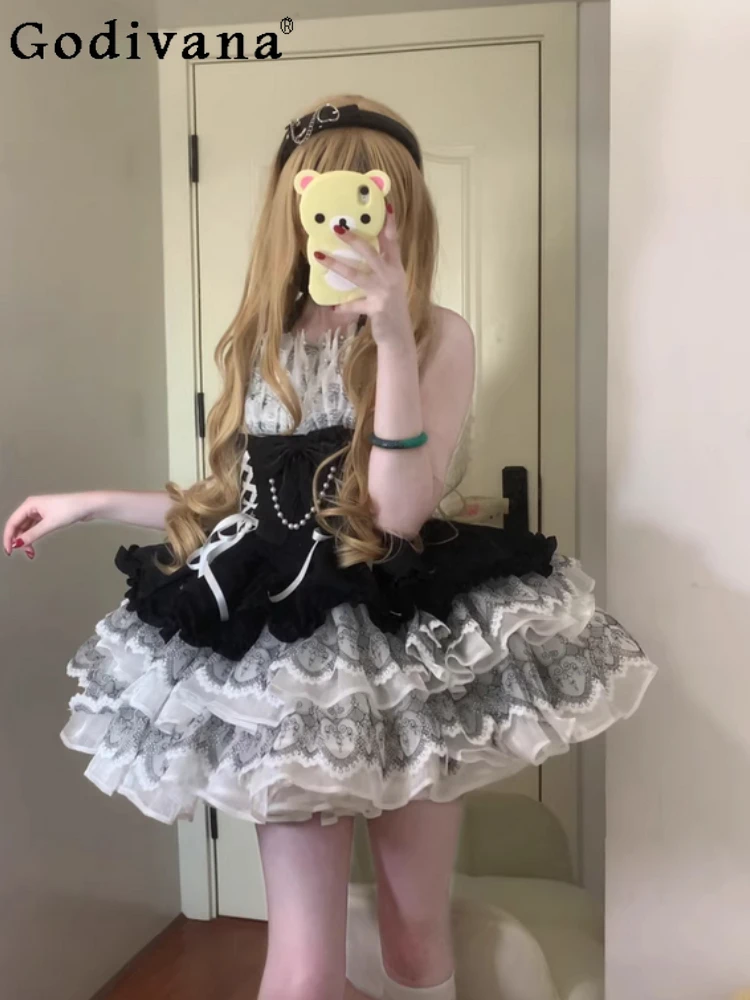 

Japanese Original Elegant Lady Ballet Style Lolita Dress Princess Style Black and White Waist Lace Halter JSK Puffy Dress