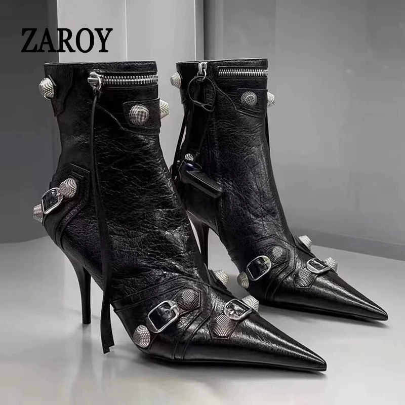ZAROY Woman Ankle Boots Sexy Thin High Heels Designer Punk Gothic New Rock Pointed Toe Tassel Club Party Shoes Spicy Girls Botas