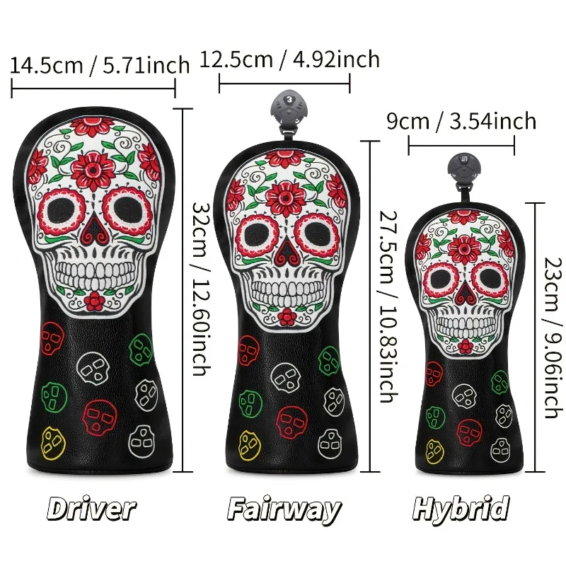 Golf Club Protective Cover - Black PU Material, White Skull and Red Flower Pattern, Multi Color Denomination and Eye Design image 6