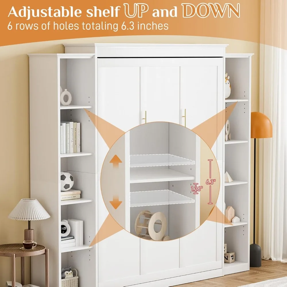 Letto Queen Murphy con libreria portaoggetti e 4 ripiani regolabili, struttura letto pieghevole salvaspazio da parete in legno Queen, struttura letto nascosta f