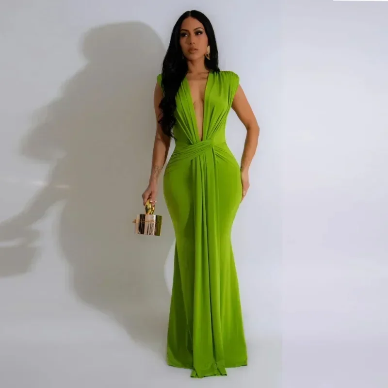 

GUWU Ruched Bodycon Maxi Dresses for Women Birthday Night Party Evening Prom Sexy Deep V-neck Sheath Celebrity Formal Long Dress