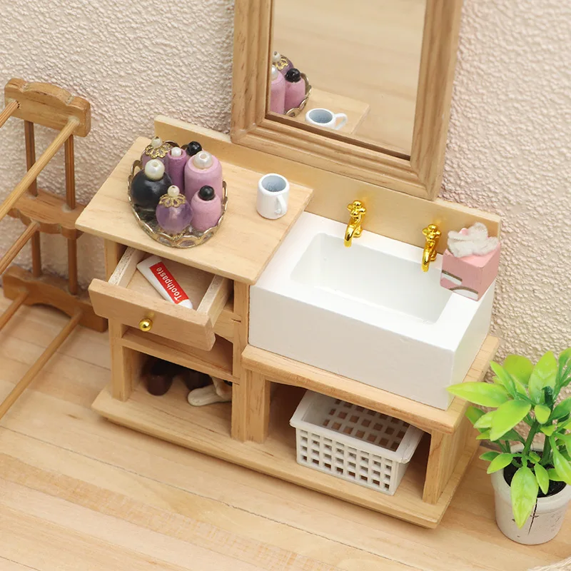 1:12 Scale Dollhouse Miniature Furniture Model - Natural Wooden Hand Wash Sink with Realistic Details, Ideal for Creating Cozy B