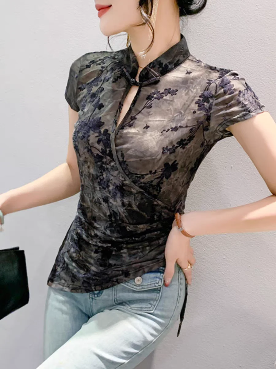 Slim T-Shirts Lady Summer Thin Mesh Short Sleeve Tops Women Vintage Collar Hollow Out Tee Irregular Hem T Shirts
