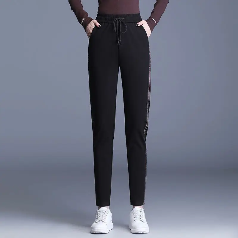 Fashion Women Solid Pencil Sweat Pants Spring Autumn Korean New Lace-up High Waist Elastic Pocket Slim Casual Straight Trousers