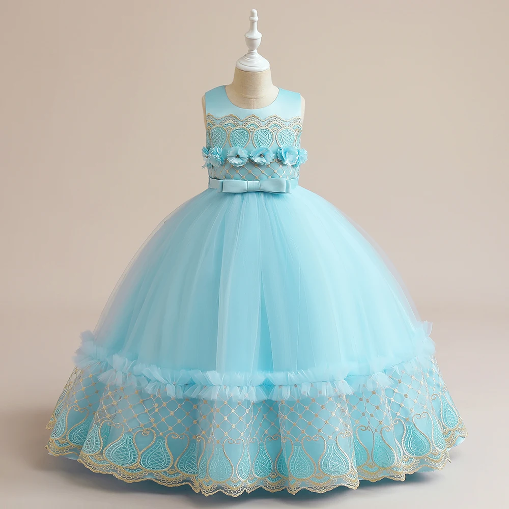 Teen Mädchen blaue Spitze Party kleider Bogen ärmellose Geburtstag Ballkleid für Kinder Mode Prinzessin Kleidung Luxus Abend Ballkleid