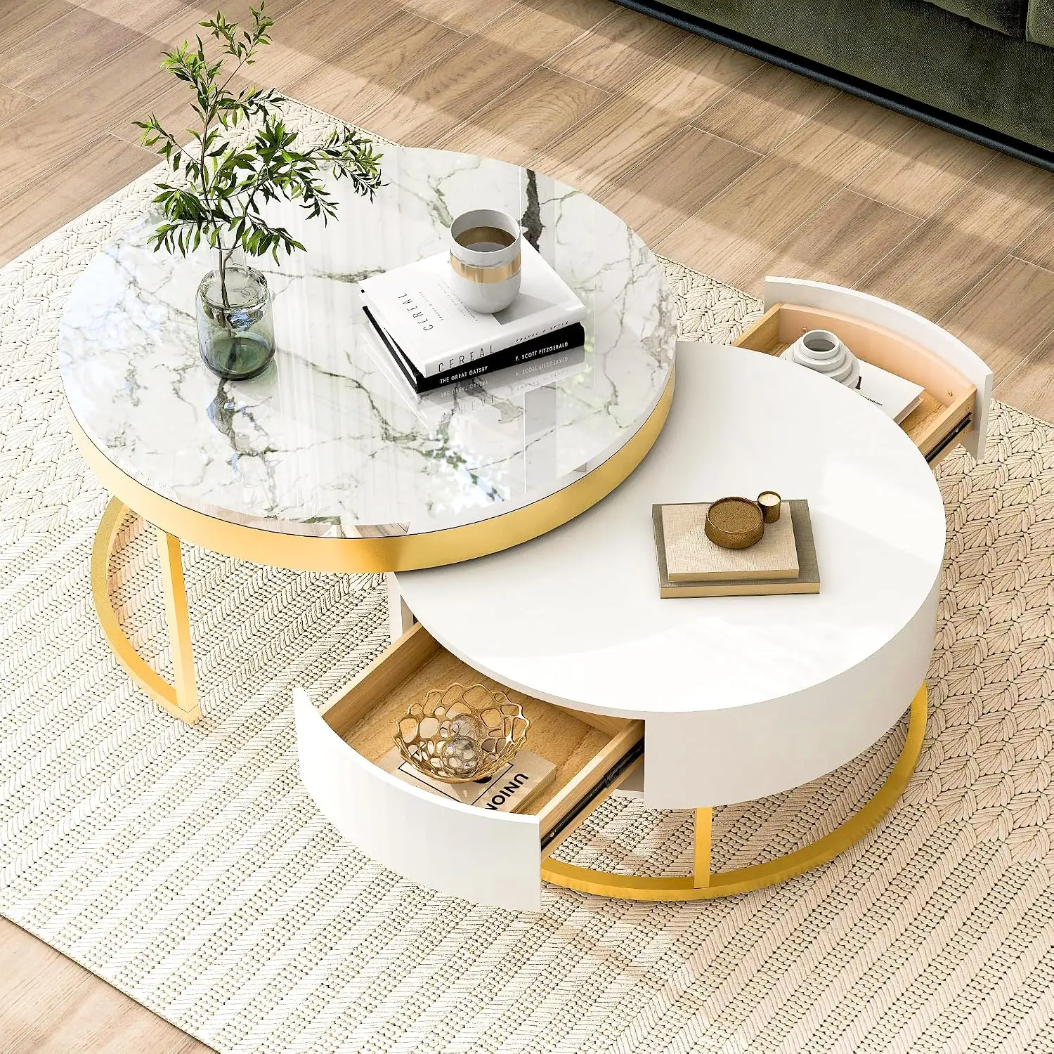 Modern Round Nesting Coffee Table with Marble Top, White & Gold Nesting Coffee Table Set of 2 Center Table with, Customized
