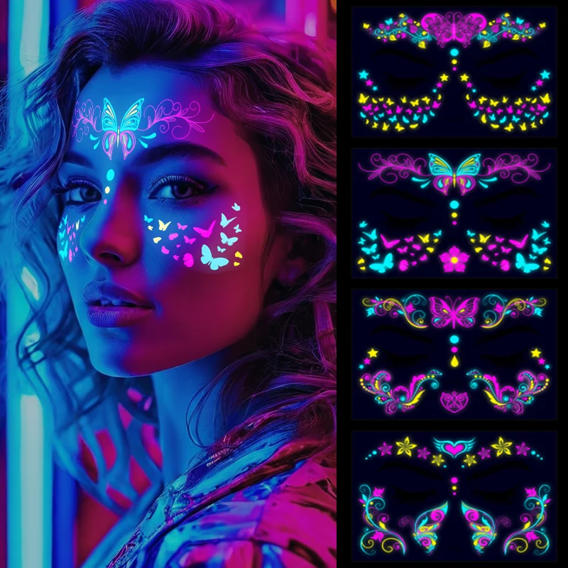 

Neon Fluorescent Waterproof Face Tattoo Sticker Temporary Face Sticker For Halloween Hen Party Night Club Makeup Tattoos Gifts