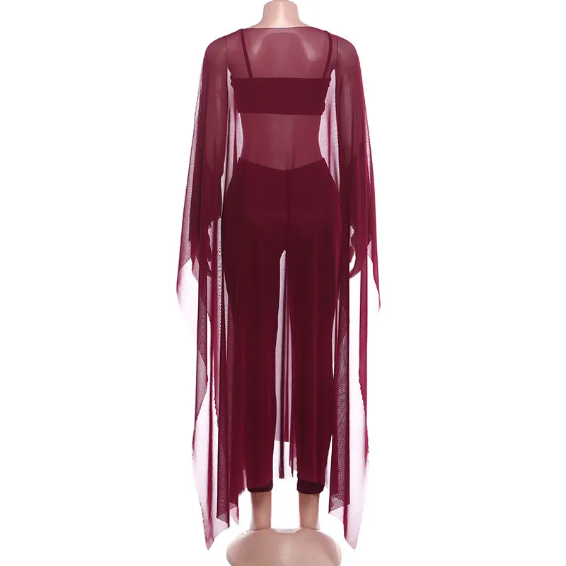 ファッション3点セット レディース キャミソール クロップトップス + シースルーメッシュロングショール + ペンシルパンツ カジュアル ストリートウェア スーツ パーティー衣装