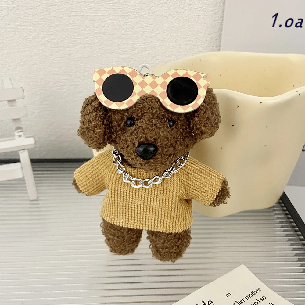 Fashion Plush Puppy Keychain Cool Glasses Sweater Dog Doll Bag Pendant Chain Charm Women Girls Key Ring Trendy Accessory