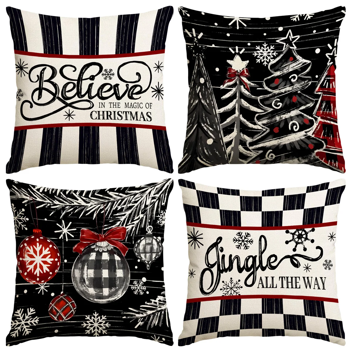 1/4 Stück schwarze Weihnachtskissenbezüge, Schleife Weihnachtskugeln, Weihnachtsbaum-Druck-Design-Kissenbezüge, Weihnachtsdekorationen