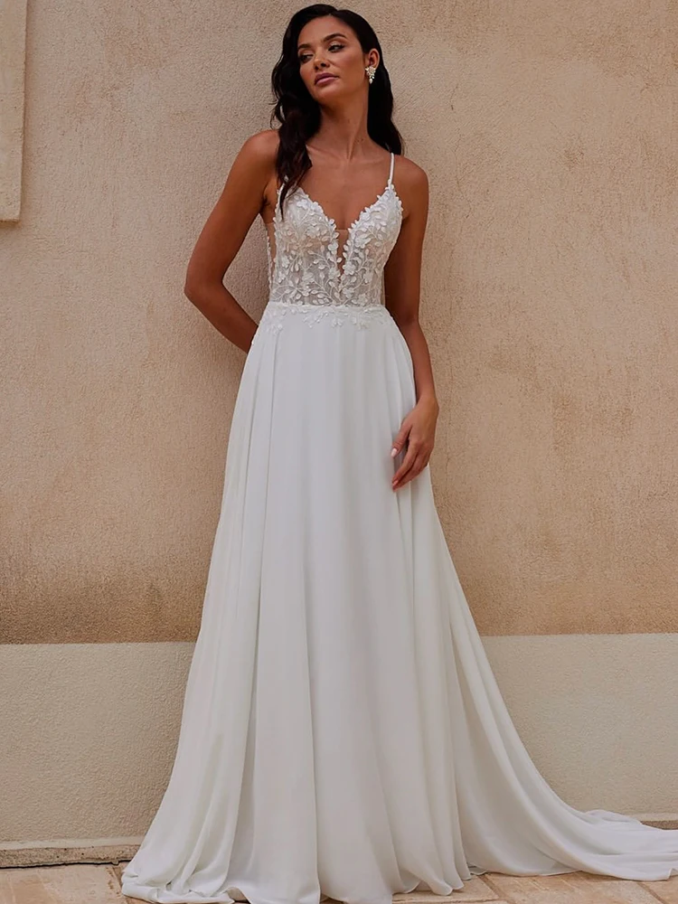 Simplicity Wedding Dress Lace With Chiffon A-Line Floor Ball Gown Beach V-Neck Sleeveless Bride Customized Vestido De Novia ﻿ ﻿