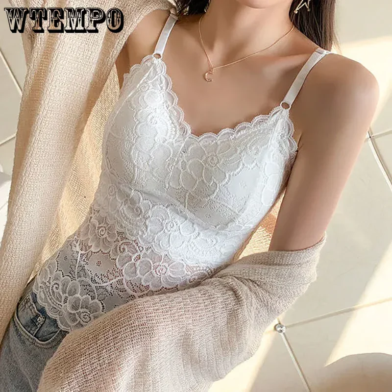 WTEMPO Adjustable Shoulder Strap Cropped Tops Bra with Breast Pad Four Season Camisole Vest Women Long Lace Sexy Base Underwear image 3