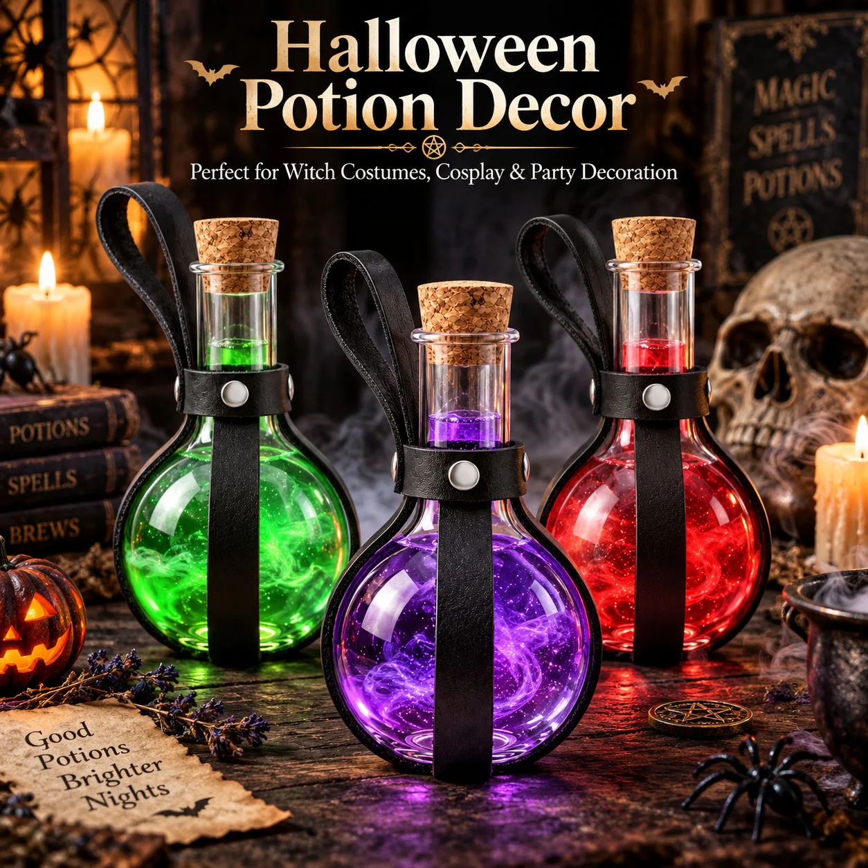3oz Plastic Potion Bottle with Cork Stopper Black Leather Belt Holder Halloween Witch Cosplay Costume Party Decoration Prop