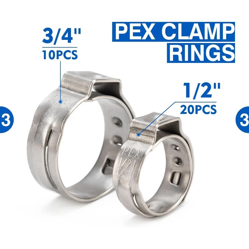 Clamp Tool Kit for 3/8-in, 1/2-in, 3/4-in, 1-in PEX Clamp Cinch & Removal, c/w 1/2''(20 Pack) and 3/4''(10 Pack) PEX Clamp Rings