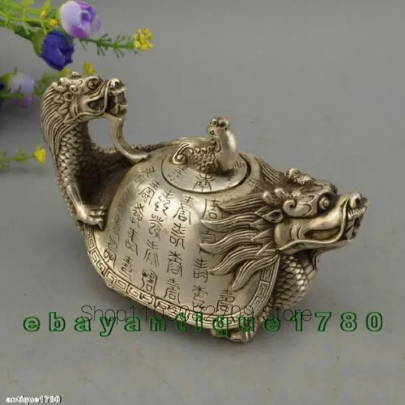 

Предметы коллекционирования! Чайный горшок из старого тибетского серебряного резного дракона и черепахи, украшенный династией