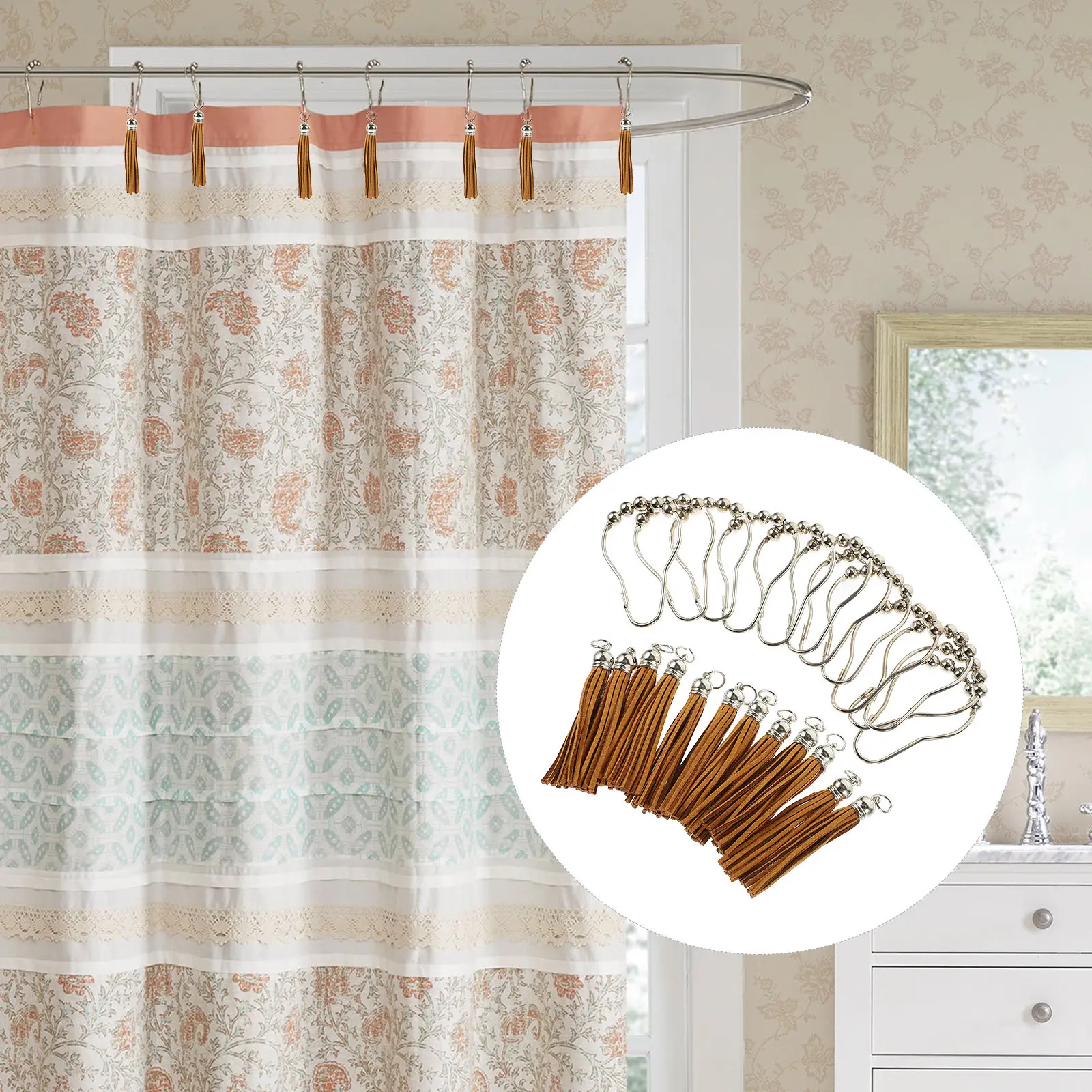 12Pcs Decorative Shower Curtain Hooks Tassel Smooth Bathroom Curtain Rings Strong Shower Rod Hooks for Home
