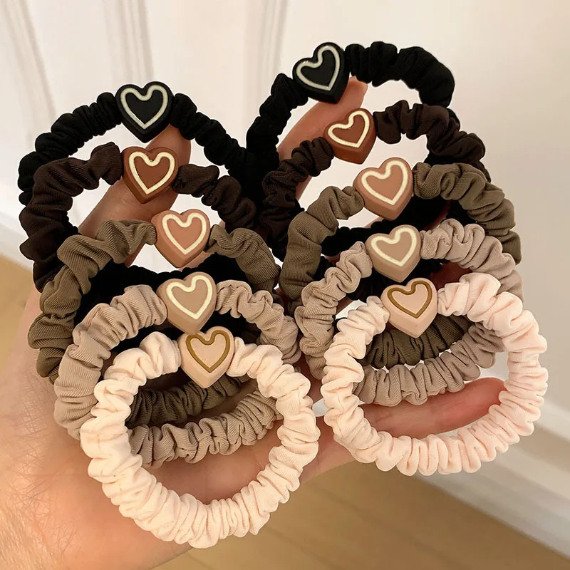 Lazos Coreanos para el pelo en forma de corazón para niña, coletero de algodón suave y elástico Simple, bandas de goma, accesorios para el cabello, 5 piezas