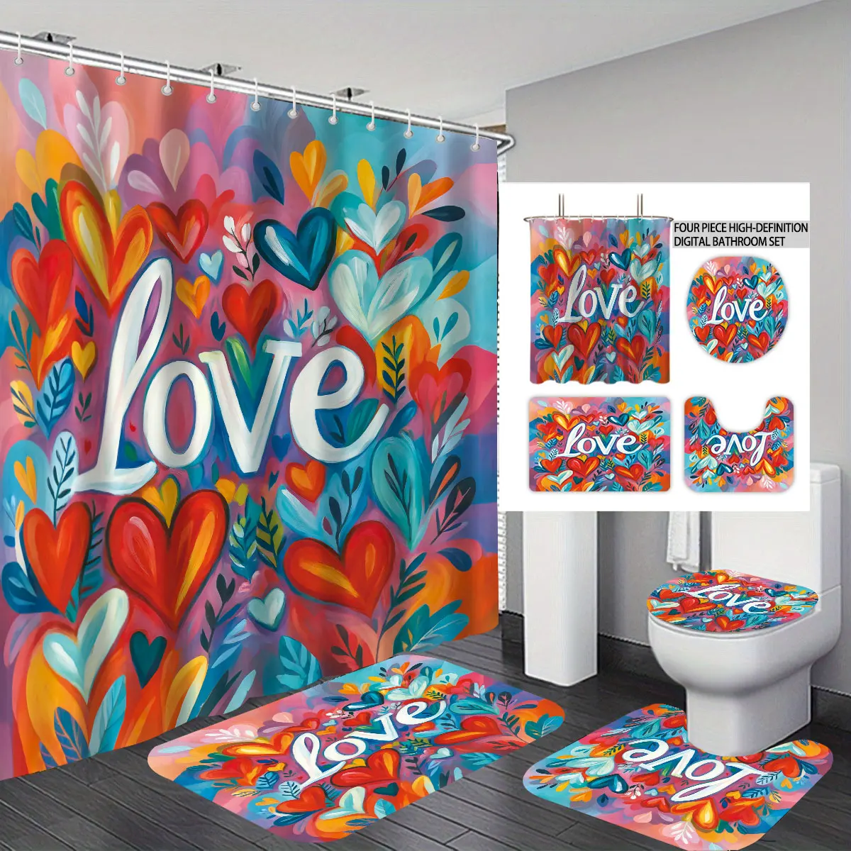 

4 шт., набор для ванной комнаты с романтическим принтом ко Дню святого Валентина, водонепроницаемая занавеска для душа, напольный коврик, коврик для унитаза, U-образный коврик