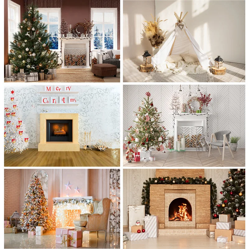 

Christmas Theme Photography Background Fireplace Christmas tree Children Portrait Backdrops For Photo Studio Props 211110 HS-10