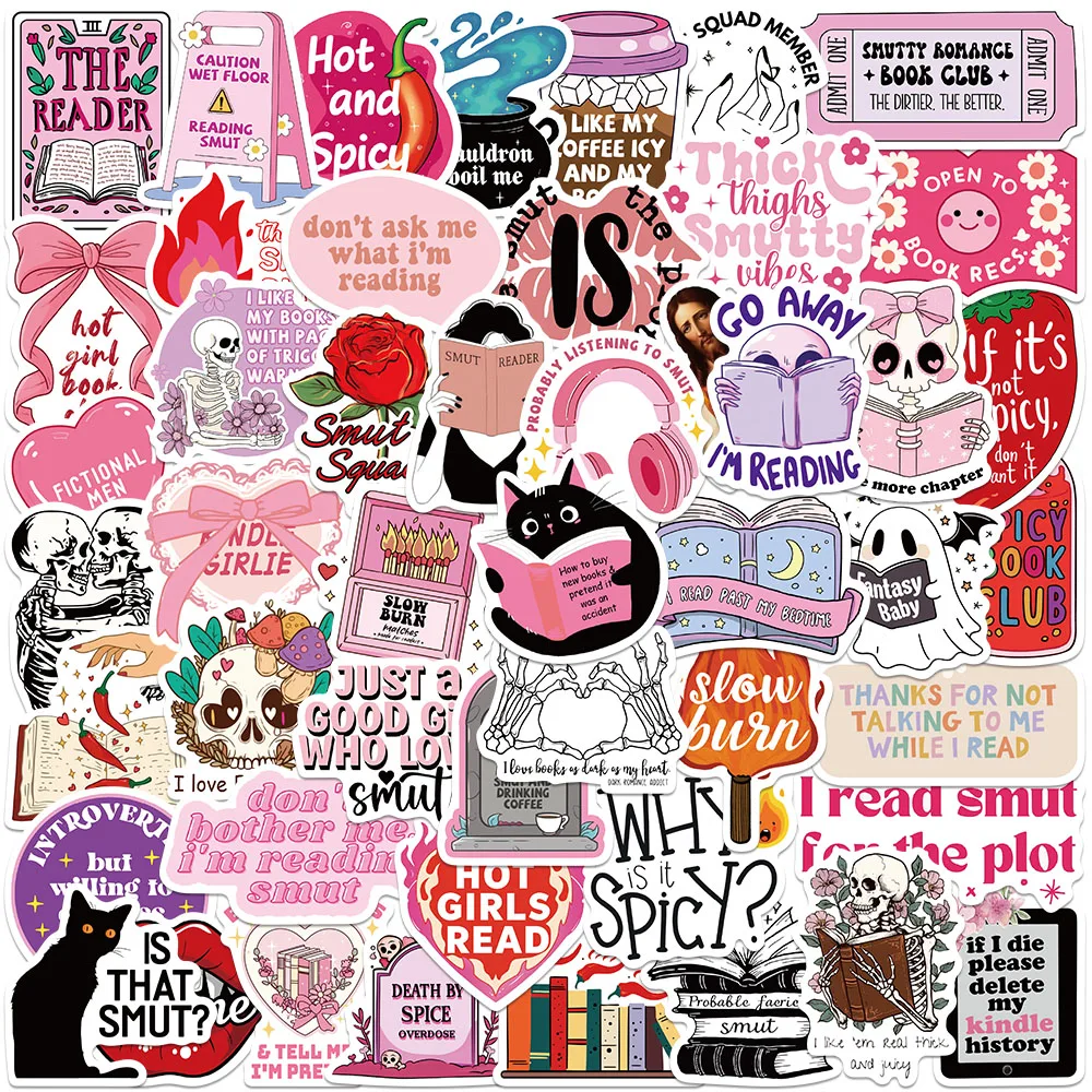 

50pcs Aesthetic Cartoon Skull Spicy Reader Pink Smut Stickers For Laptop Water Bottle Luggage Diary Waterproof Vinyl Decals