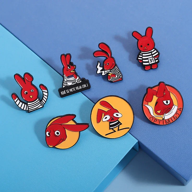 Comedy Anime Role Red Eared Rabbit Enamel Pins Cartoon Cute Red Bunny Brooches Clothes Lapel Badges Jewelry Gift for Fan Friends