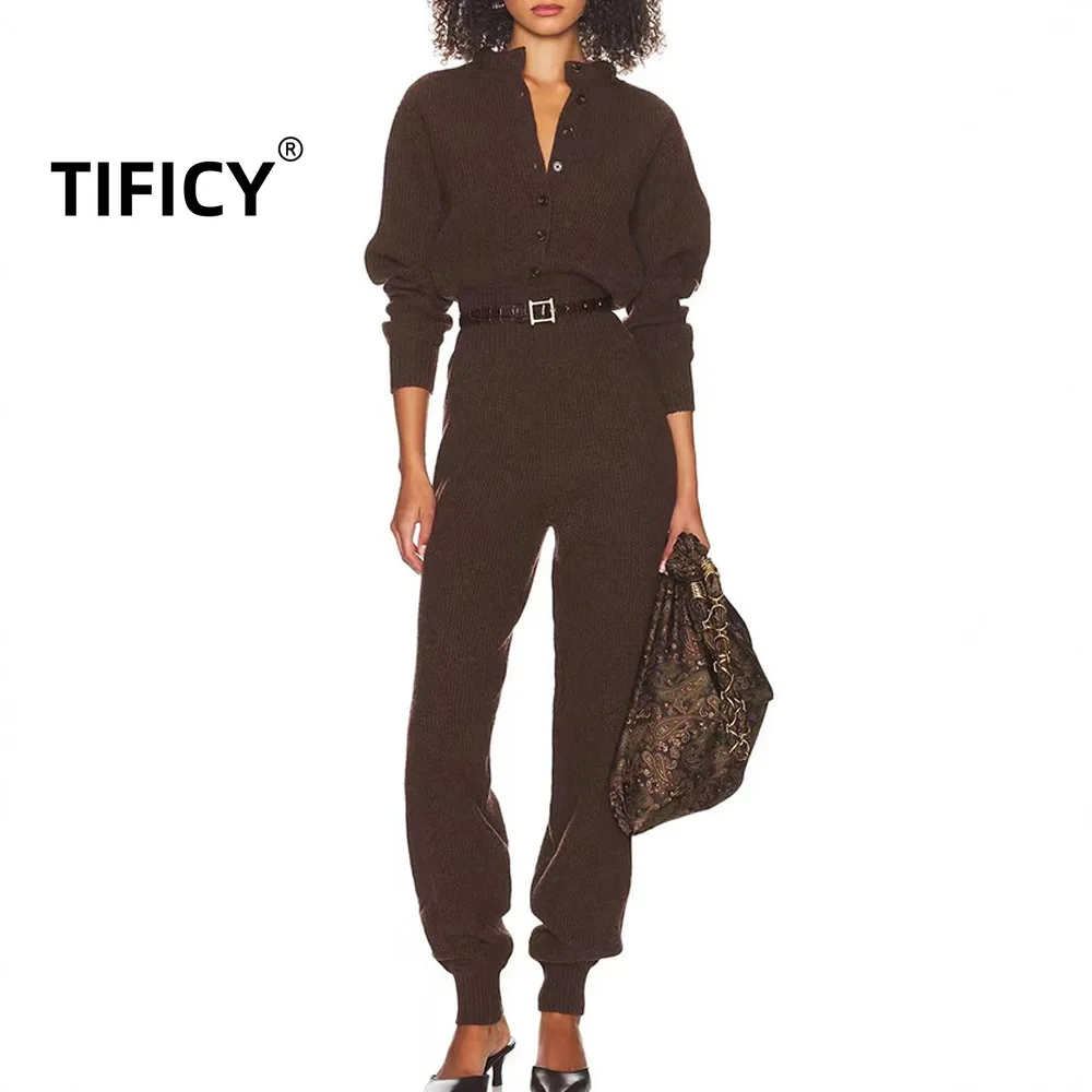 

High Street Knitted Pants Jumpsuit Women's Autumn New Casual Front Cardigan Long Sleeved Jumpsuit Rompers