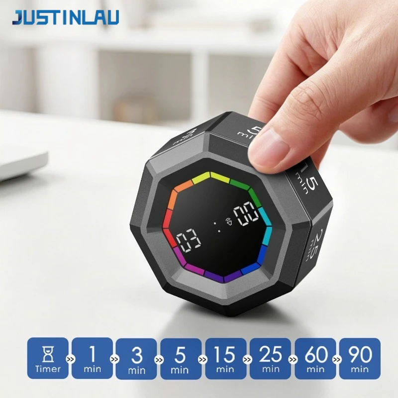 JUSTINLAU Octagonal Magnetic Gravity Sensor Timer LED Display Visual Flip Timer Clock Usb Charging Kitchen Timer Time Countdown
