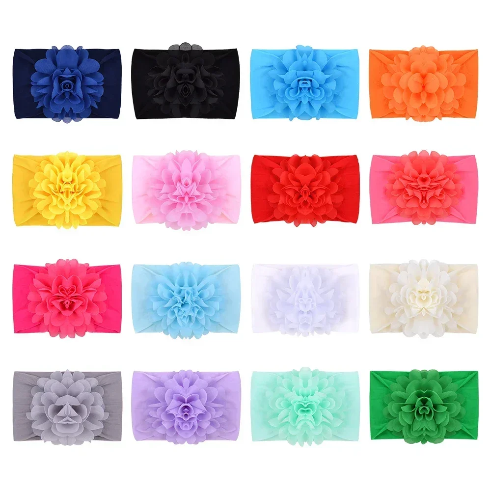 1Pcs Baby Girls Soild Color Big Chiffon Flower Headband Children Toddle Wide Turban Elastic Nylon Headwear Hair Accessories