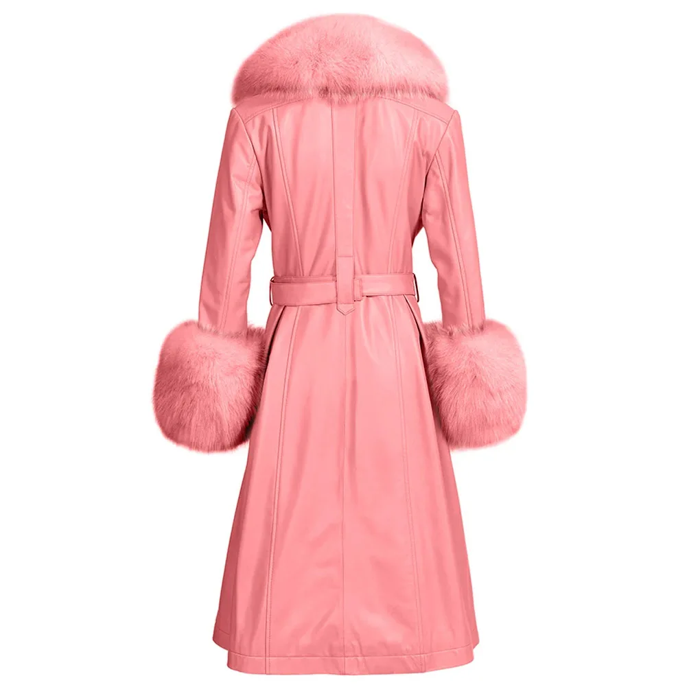 Denny&Dora Rose Pink Plus Size Coat Women Long Genuine Leather Coat Real Fox Fur Collar Trench