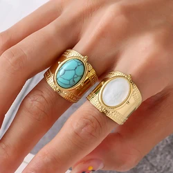 Stainless Steel Rings Green Natural Turquoise Open Rings for Women Golden 14K Plated Wide Ring Trendy Female Jewelry 2022 Luxury