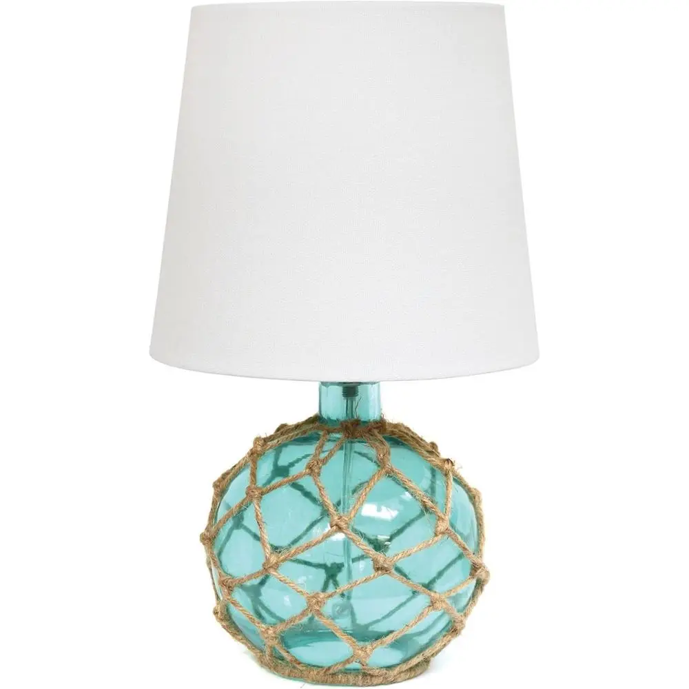 

Elegant Designs LT1050-AQU Buoy Rope Nautical Netted al Ocean Sea Glass Table Lamp with White abric Shade, Aqua