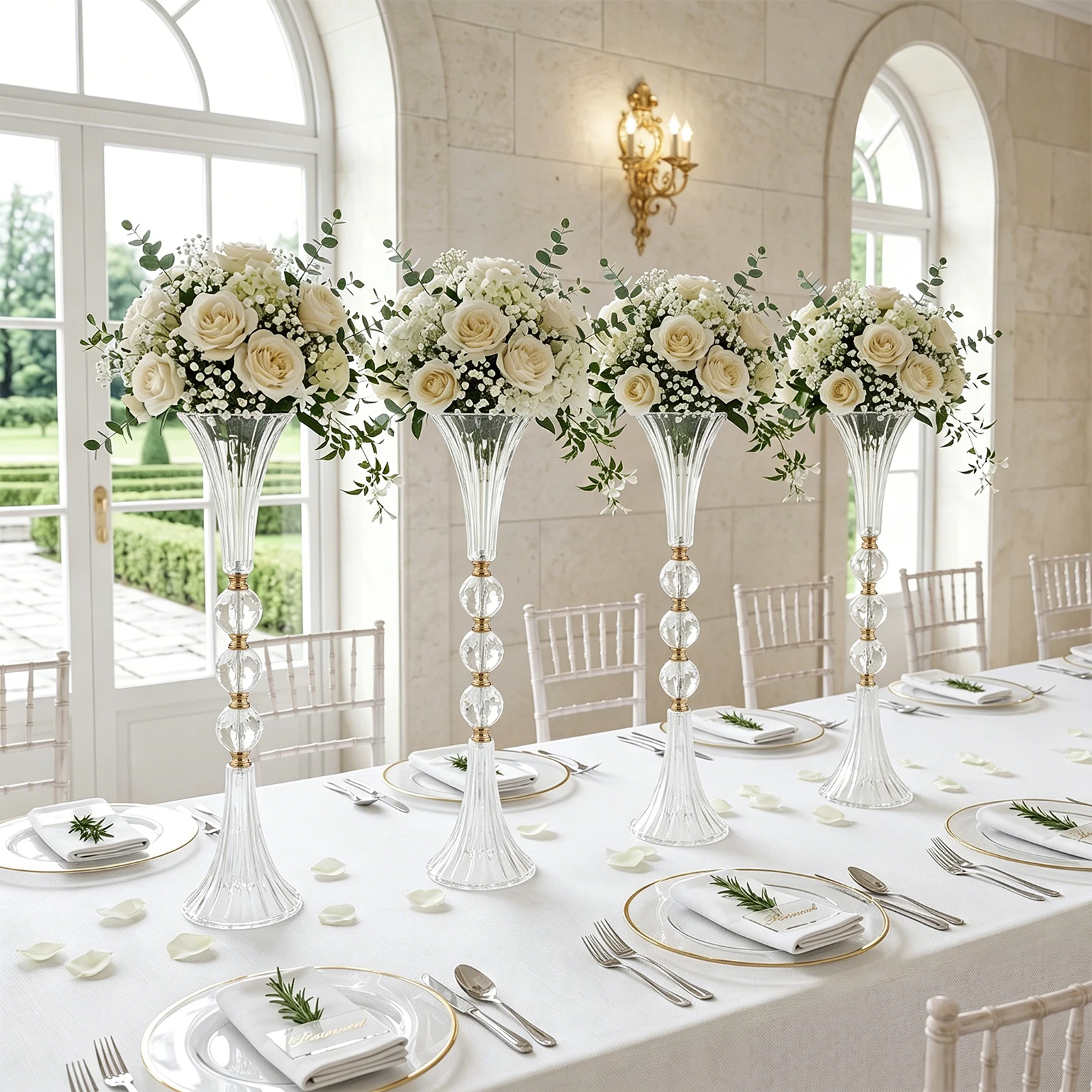 Centerpiece Vase Tall - ชุดแจกันอะคริลิกสำหรับตกแต่งโต๊ะกลาง, แจกันอะคริลิกทรงแตรสีทองขนาดใหญ่ 4 ชิ้น, ความสูง 24.8