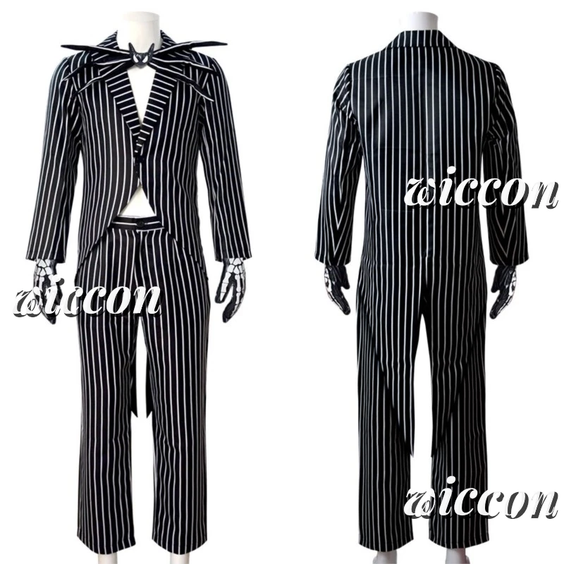 Jack cosplay traje filme skelington cosplay para mulheres homens listrado superior calça roupa uniforme de festa de halloween