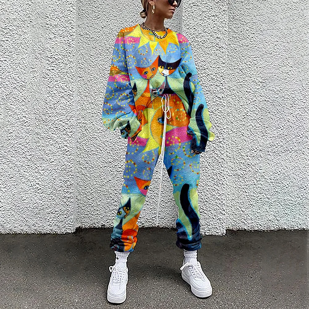 

Tracksuit Women Sportswear Outfit Spring Autumn Sport Suit 2022 New Long Sleeve Cat Print Sweatshirt + Pants