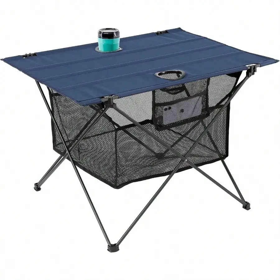 Lightweight Camping Table - Portable Folding Beach Side Table 2 Cup Holders Large Storage Basket, Compact Fold Tailgate Travel O