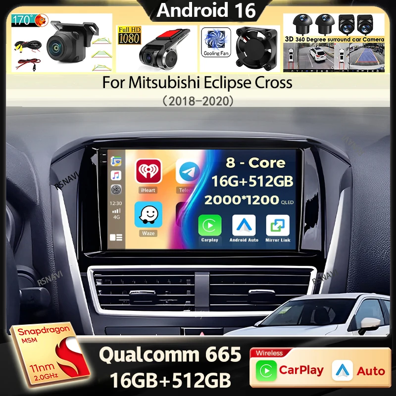 Rádio Automotivo Android 16 Carplay para Mitsubishi Eclipse Cross 2018 2019 2020, Reprodutor de Vídeo Multimídia, Navegação GPS, Estéreo 2din