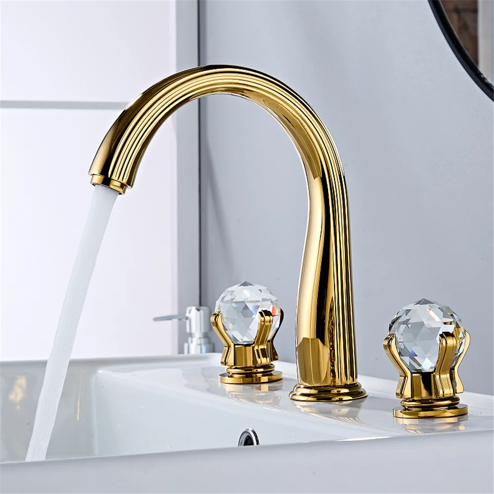 

Brass Crystal Bathroom faucet widespread Gold Basin faucet Lavotory Tap luxury Basin Mixer Hot And Cold shower room sink Faucet