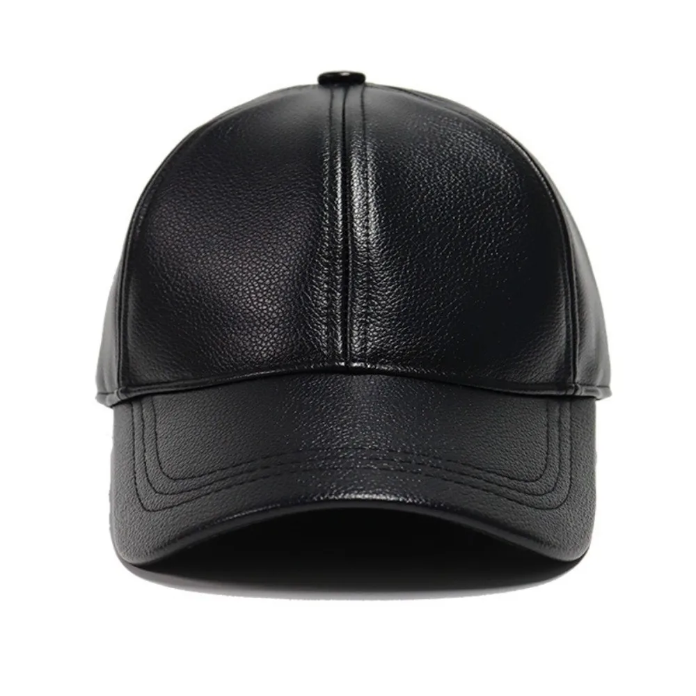 قبعة بيسبول دافئة من جلد البولي يوريثان بلون سادة مقاومة للرياح قبعة ريترو مبطنة بالصوف قبعة رجالية قابلة للتعديل للشتاء