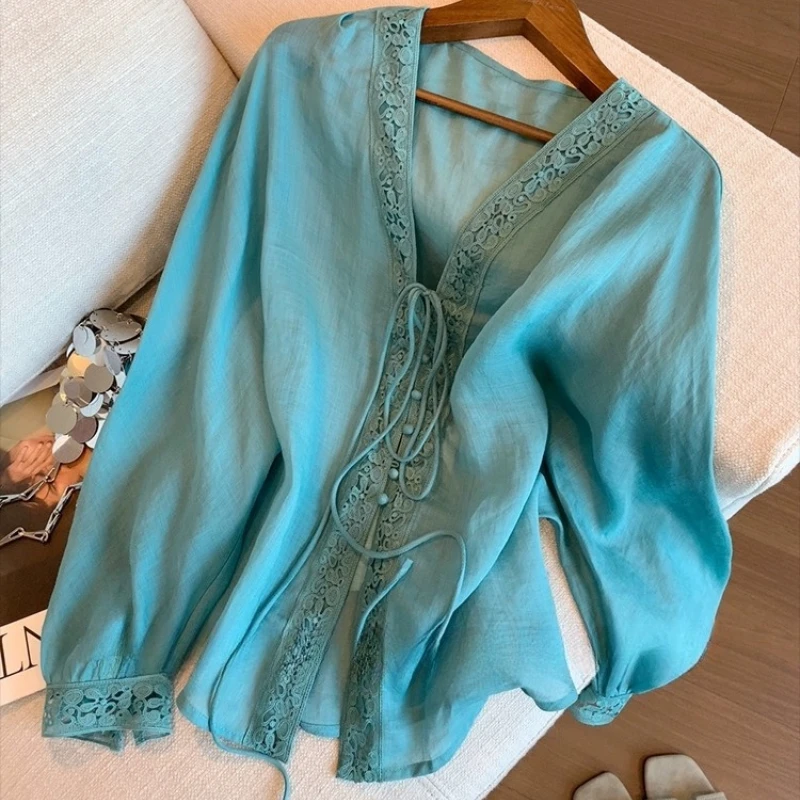 

Chinese Style Women's Blouses Patchwork Vintage Shirts Fashion Loose Summer Clothing V-neck Long Sleeved Chiffon Women Tops