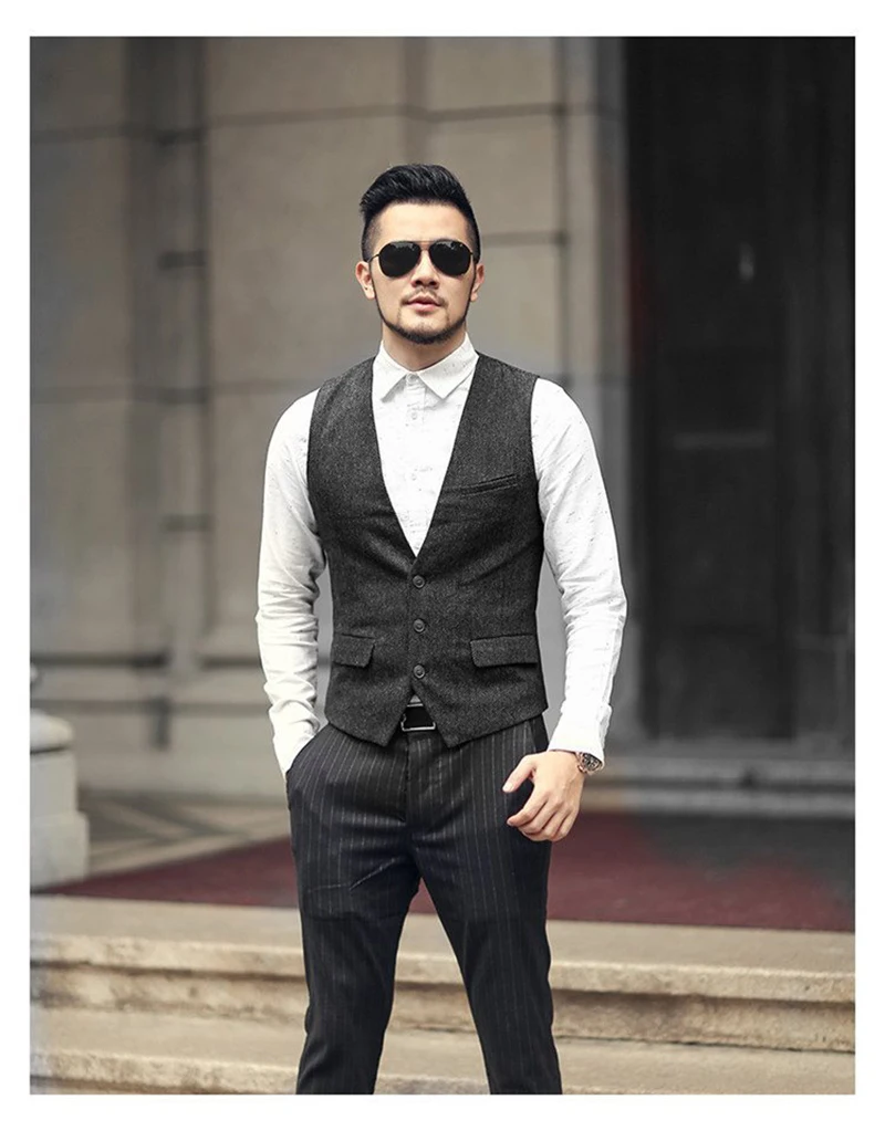 D9568 Autumn new men's British retro herringbone pattern slim fit large size suit vest wool casual vest trendy men