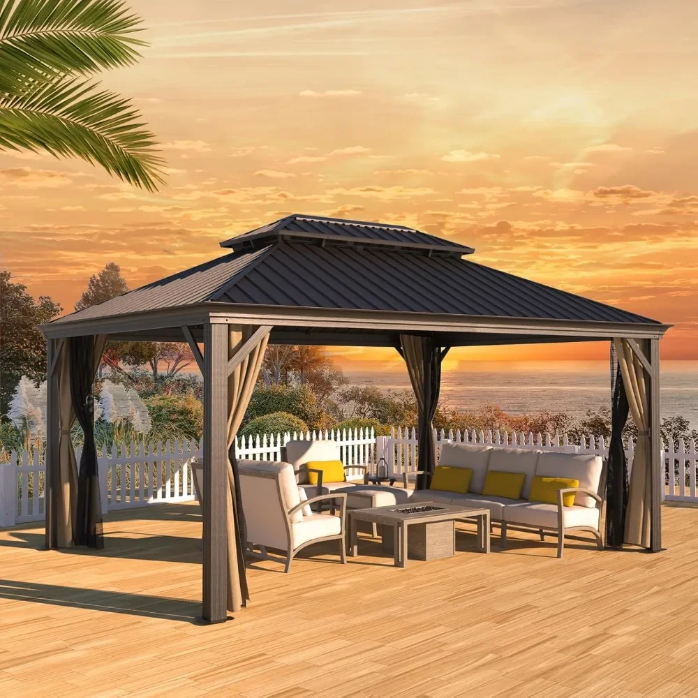 

Gazebo,Hardtop Gazebo 12' X 16' With Mosquito Net And Privacy Sidewalls, Aluminum Gazebo With Galvanized Steel Double Roof