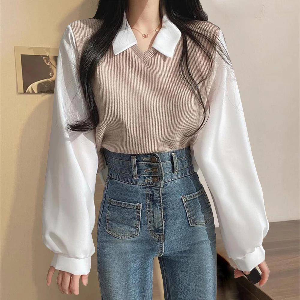 Women Elegant Y2K Polo Collar Flase Two-Piece Blouse Summer Fashion Long Sleeve Vintage Pullover Tops Casual Holiday Chic Top