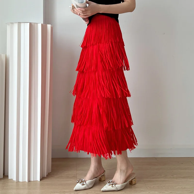 YUDX 2023 Summer New Retro Style Fringe Women's Half Skirt Miyake Pleated Loose Fashion Elastic Waist Pure Color Pleated Skirt