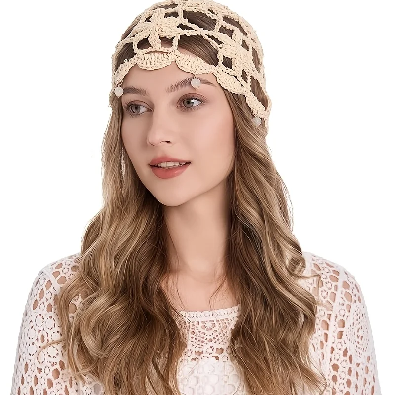 Women's Crochet Skull Hat Hand-knitted Openwork Embossed Headband with Beaded Trim Perfect for Beach Trip Parties