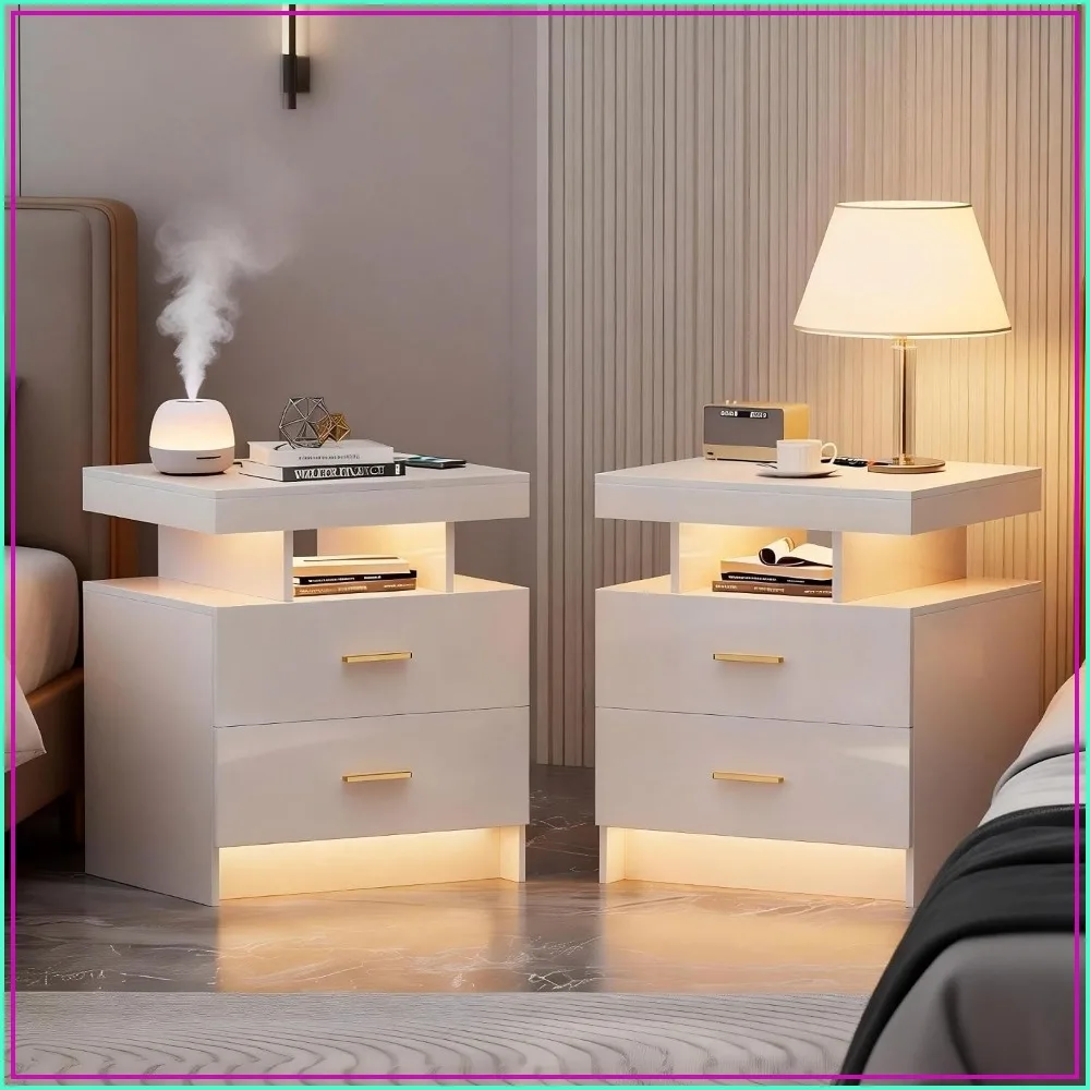 2 Set Smart Nightstands with RGB Lights & Human Body Induction, White, Modern Bedroom Nightstands
